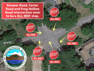All-way stop: Knower Road, Carter Road and Frog Hollow Road