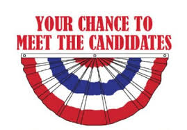 Red, white and blue banner with "Your chance to meet the candidates" in red above the banner.
