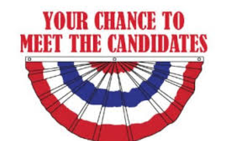 Red, white and blue banner with "Your chance to meet the candidates" in red above the banner.